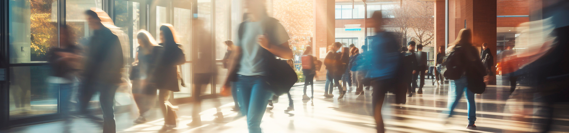 Persone che camminano in un'area interna luminosa.